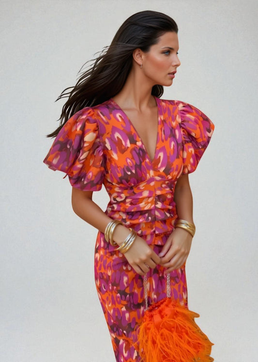 Ceridwen – Φόρεμα Midi με Ραφή και Πουφ Μανίκια