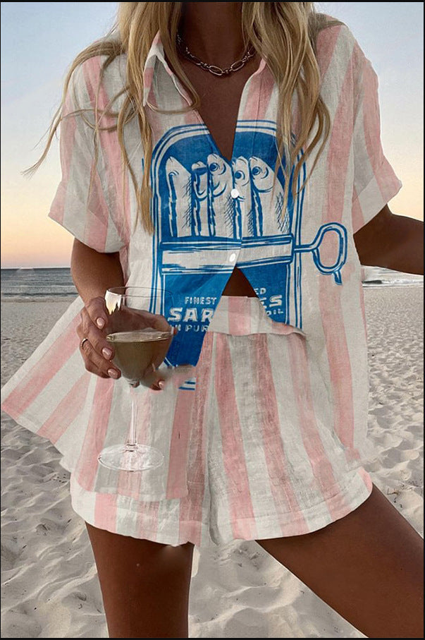 Silava™ | Σύντομο Λινό Σετ με Εκτύπωση Σαρδέλας