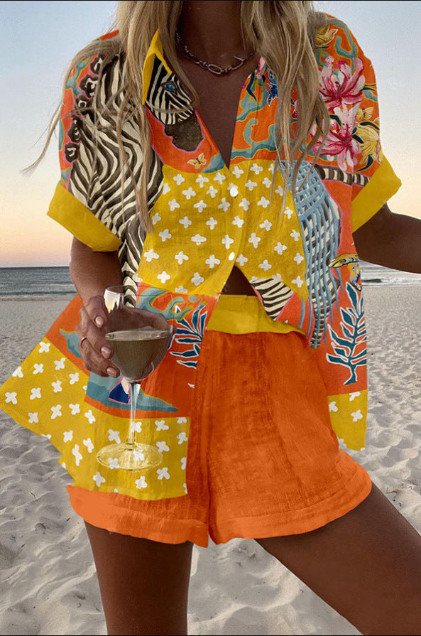 Norellia™ | Κοντό λινό σετ με σχέδιο πουά