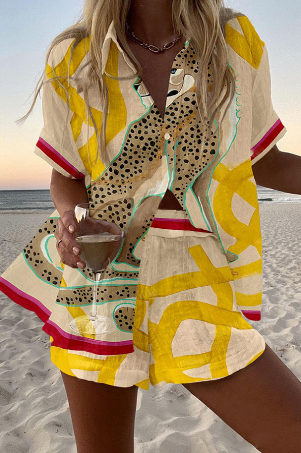 Casima™ | Σύντομο λινό σετ με λεοπάρ εκτύπωση