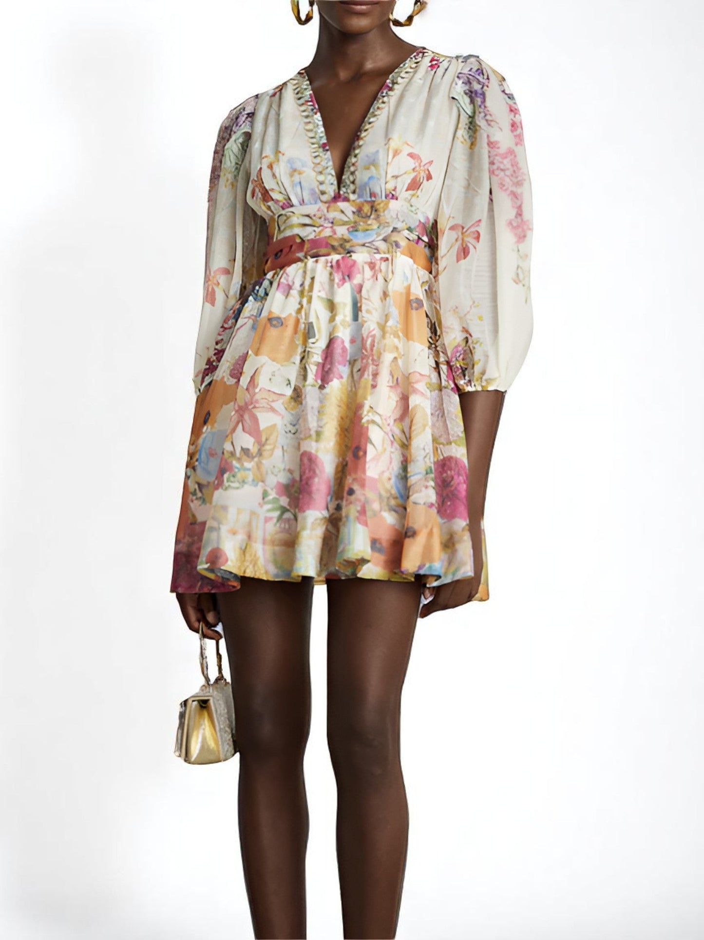 Λίνα – Παιχνιδιάρικο Λουλουδάτο Μίνι Φόρεμα με Φουσκωτά Μανίκια