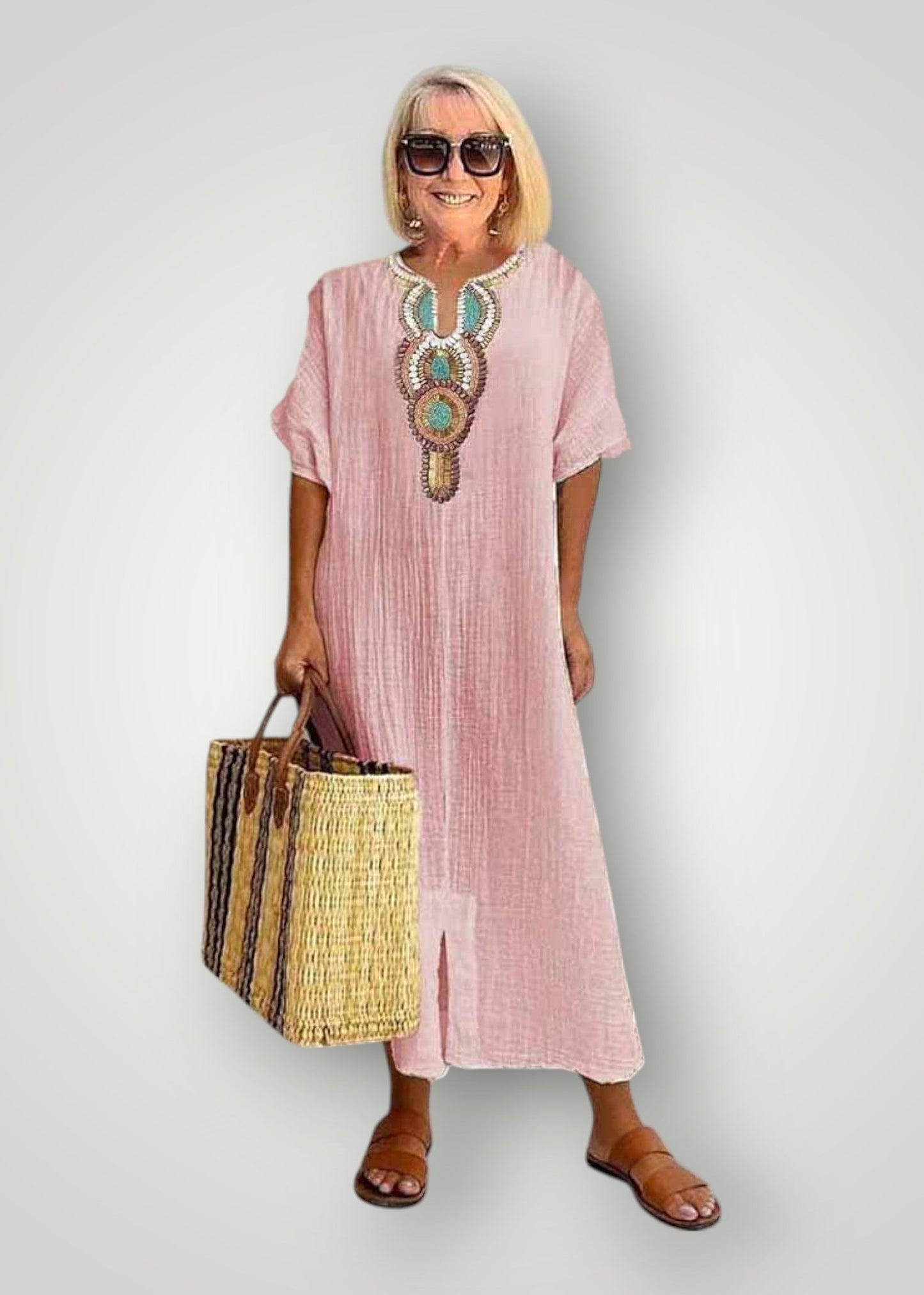 Σοφία – Μπόχο Μαξι Φόρεμα με Κεντημένο Ντεκολτέ