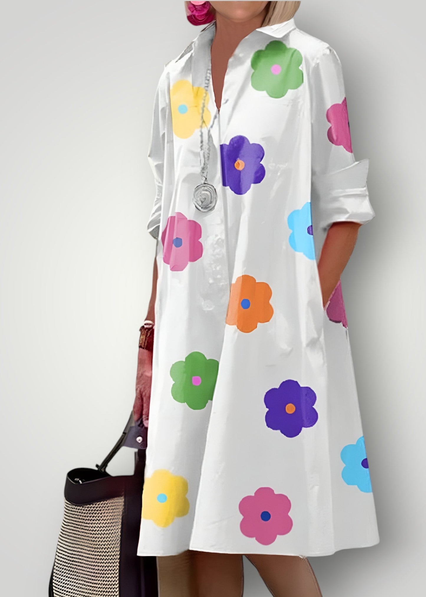 Ντέιζι – Παιχνιδιάρικο Φόρεμα-Πουκάμισο με Τολμηρό Λουλουδάτο Σχέδιο