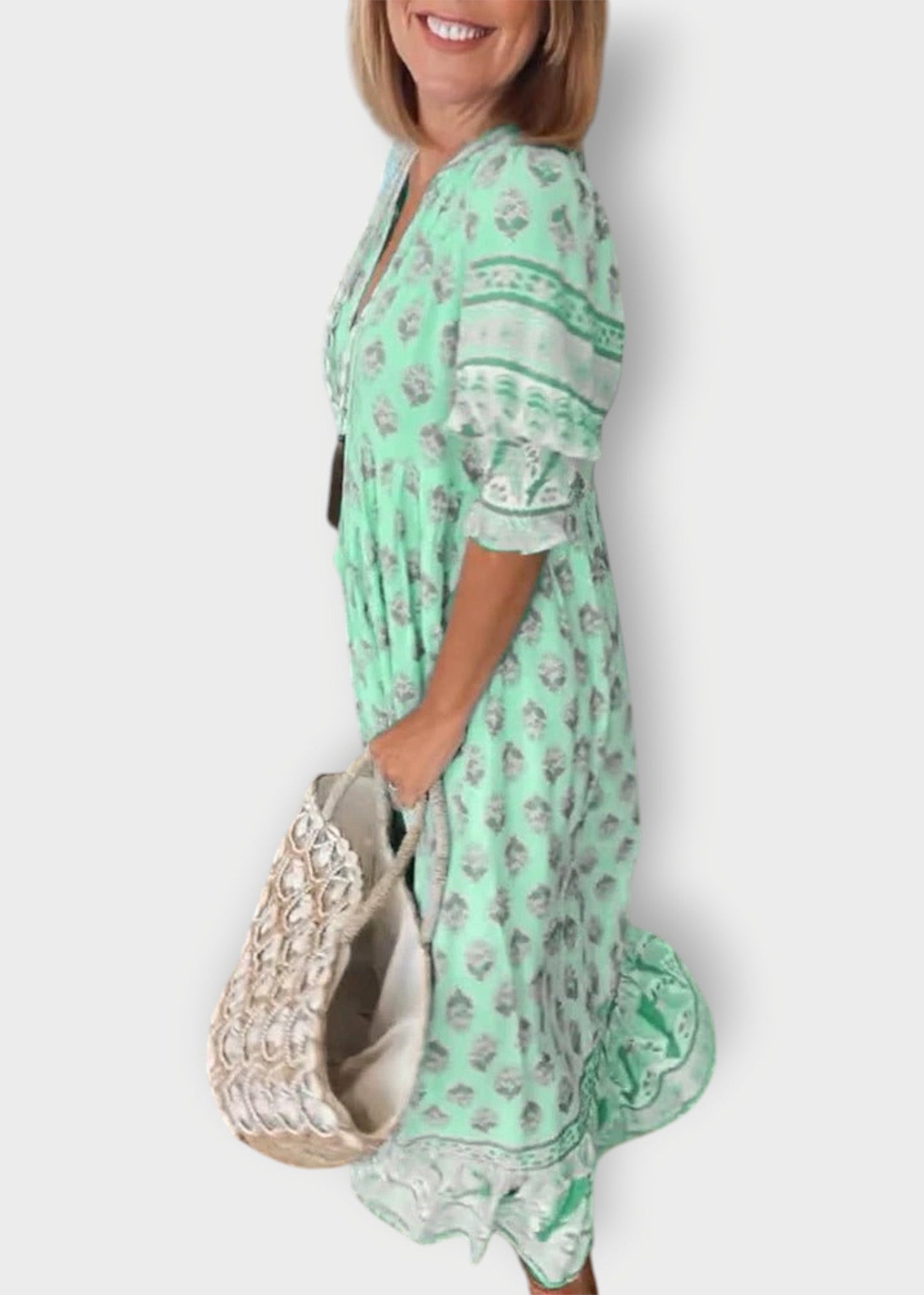 Ρόσα – Μποέ Μαξι Φόρεμα με Σούρες Μανίκια