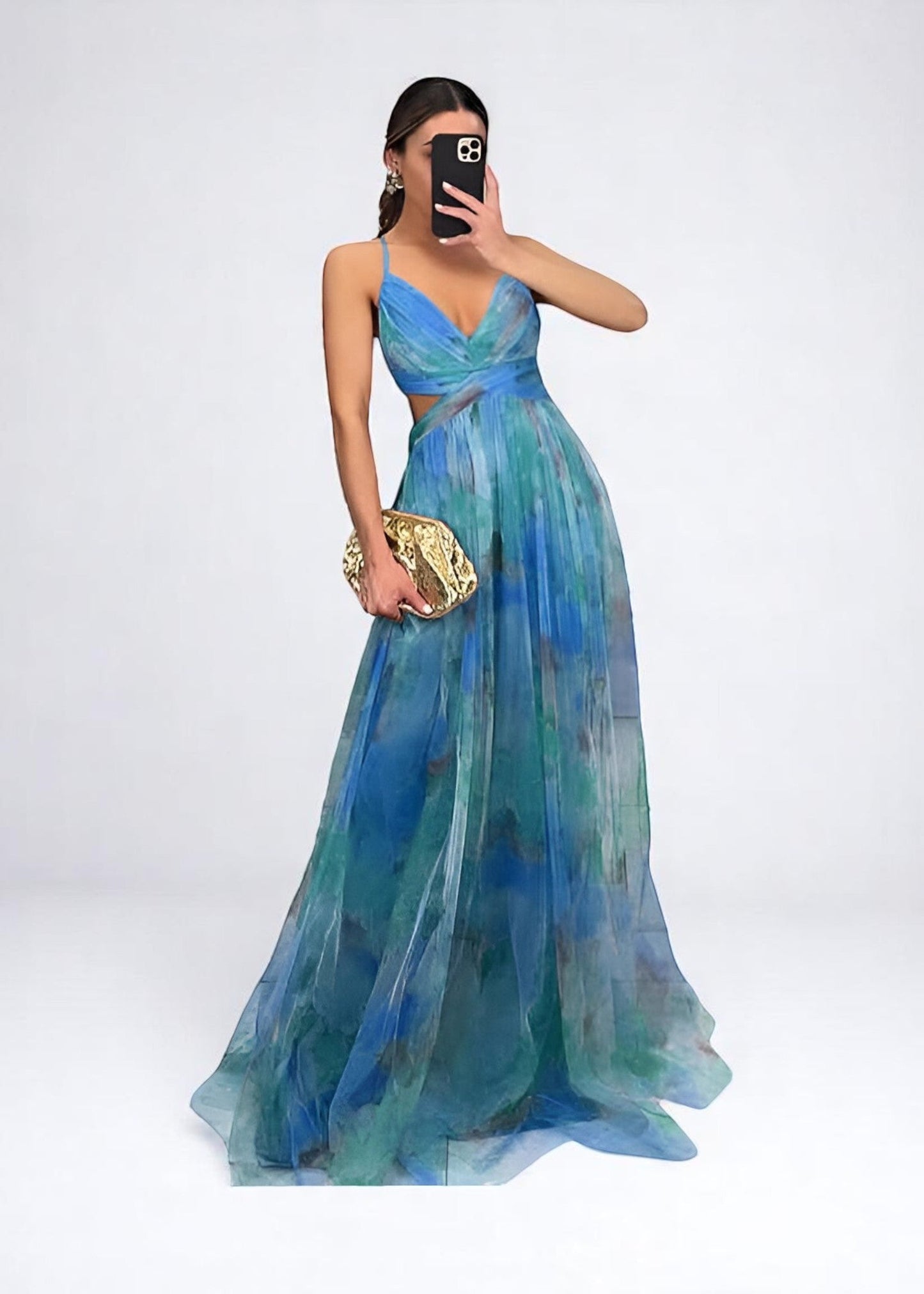 Lunara – Ρομαντική Μαξι Φόρεμα με Κοπές & Εφέ Υδατογραφίας