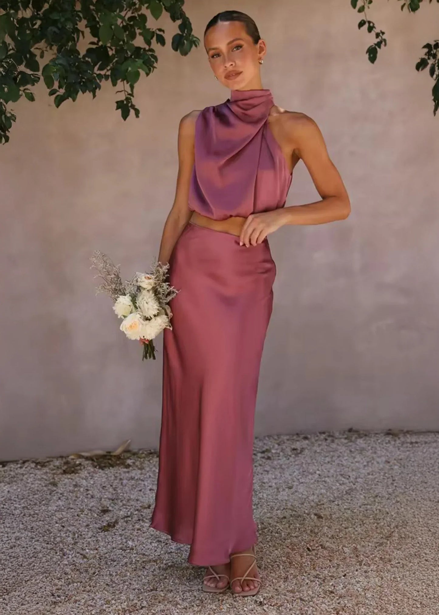 Σετ Σατέν Πολυτέλεια – Δύο Τεμάχια Μαξι Σαλοπέτα & Τοπ με Ρολό Λαιμό