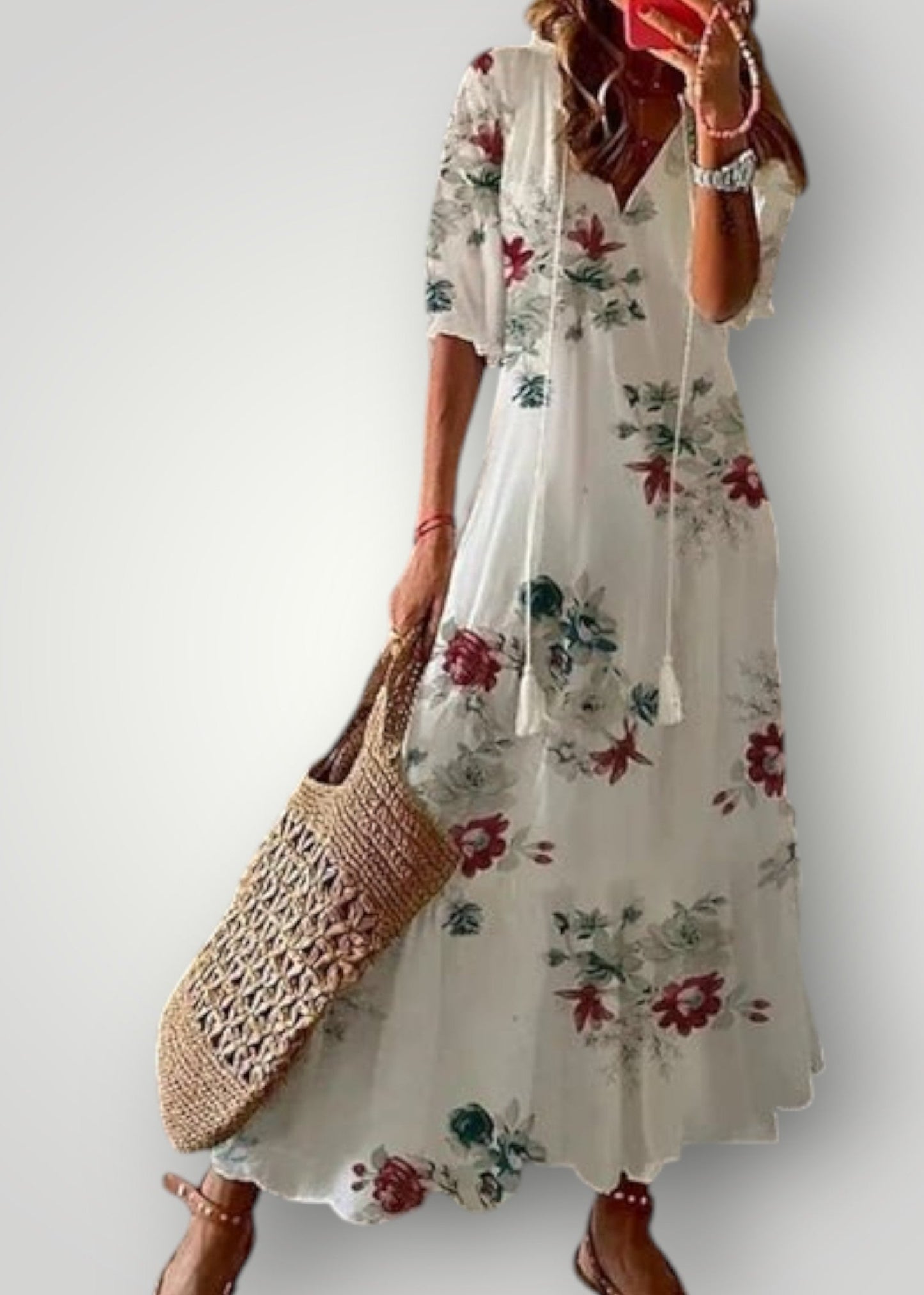 Αλίνα – Μάξι Φόρεμα Boho με Λουλούδια και Κορδόνι με Χάντρες