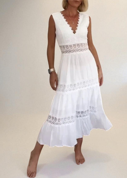 Νινφέα | Αμάνικο Midi Φόρεμα Boho με Λεπτομέρειες Δαντέλας